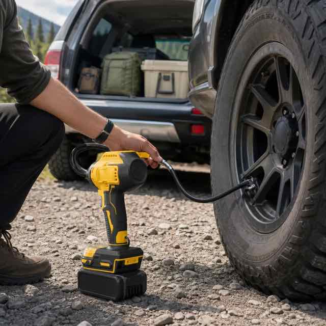 Dual-Cylinder Cordless Tyre Inflator For DeWalt-Style Battery Interface in use