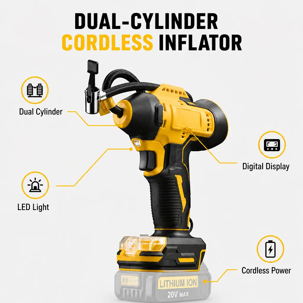 Dual-Cylinder Cordless Tyre Inflator For DeWalt-Style Battery Interface controls and screen