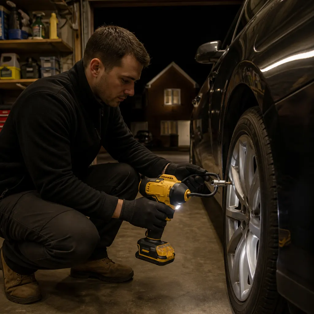 Dual-Cylinder Cordless Tyre Inflator For DeWalt-Style Battery Interface in use