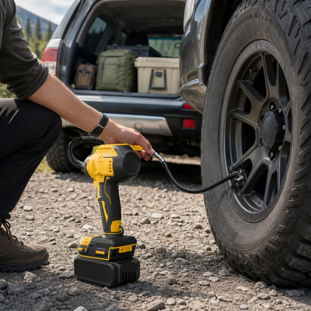 Dual-Cylinder Cordless Tyre Inflator For DeWalt-Style Battery Interface in use