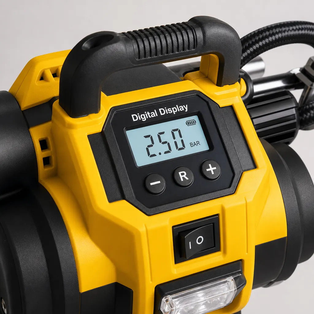 Dual-Cylinder Cordless Tyre Inflator For DeWalt-Style Battery Interface controls and screen