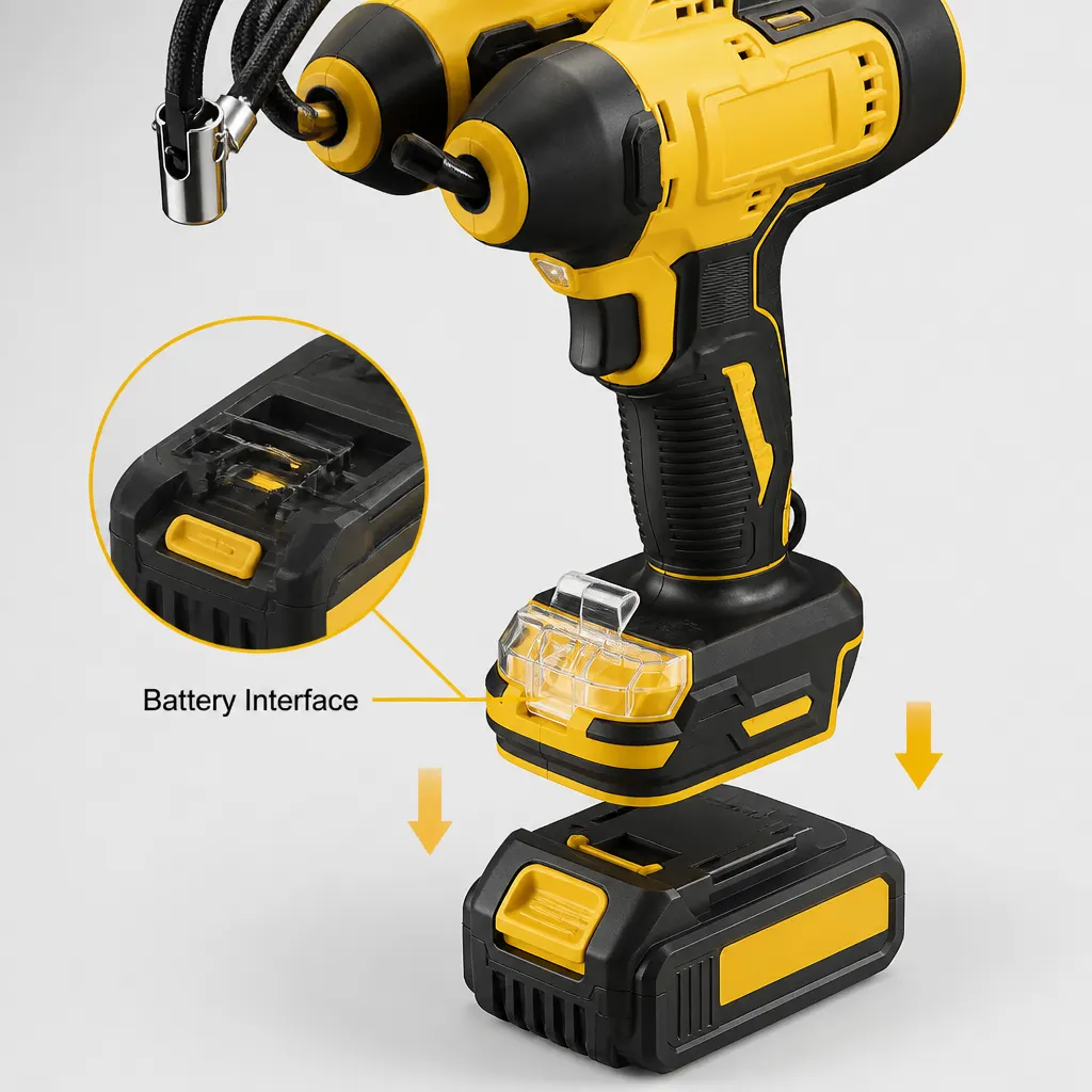 Dual-Cylinder Cordless Tyre Inflator For DeWalt-Style Battery Interface and included accessories