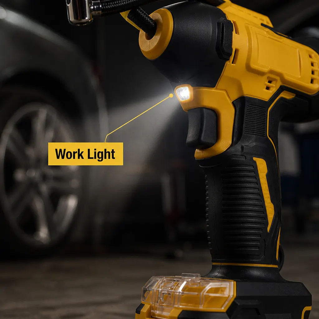 Dual-Cylinder Cordless Tyre Inflator For DeWalt-Style Battery Interface in use