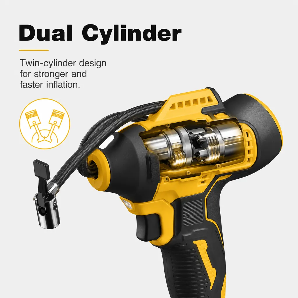 Dual-Cylinder Cordless Tyre Inflator For DeWalt-Style Battery Interface product view