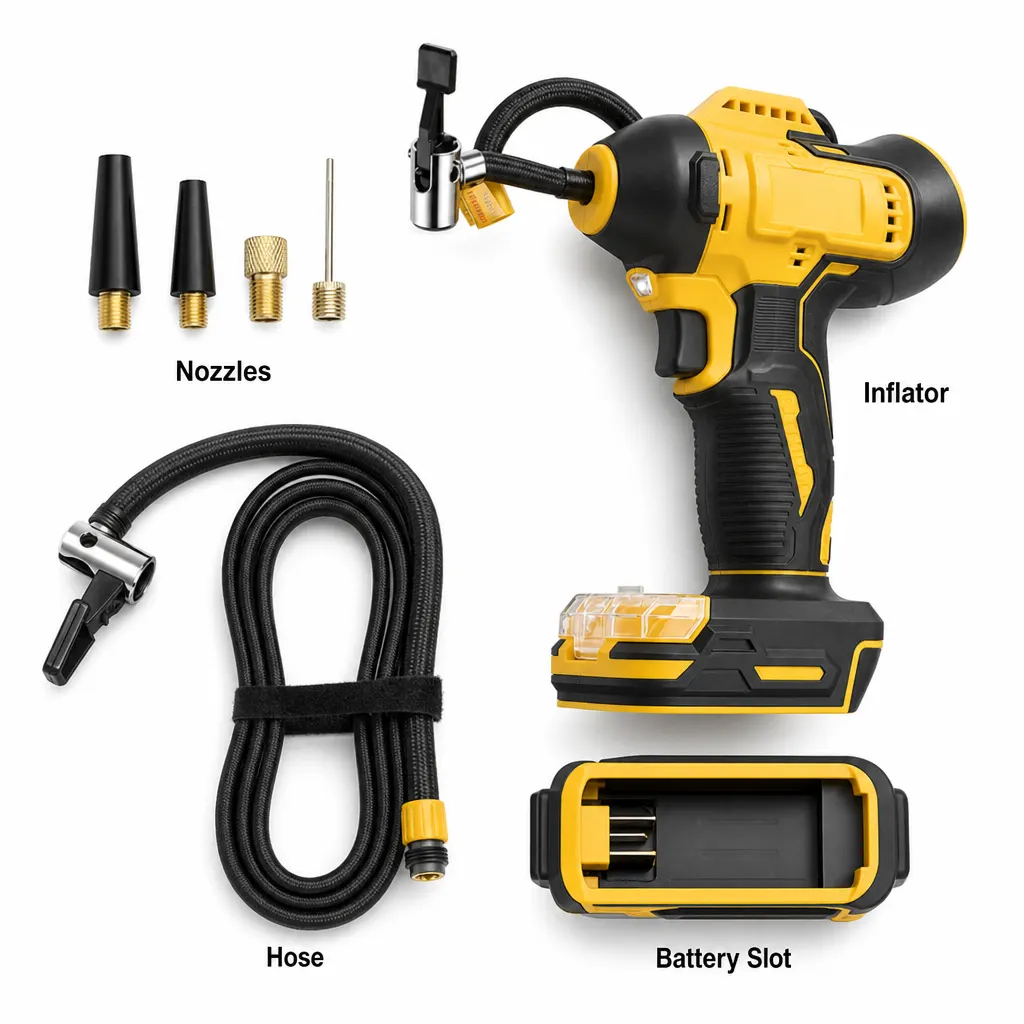 Dual-Cylinder Cordless Tyre Inflator For DeWalt-Style Battery Interface and included accessories