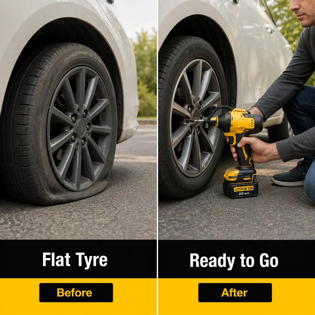 Dual-Cylinder Cordless Tyre Inflator For DeWalt-Style Battery Interface setup and use views