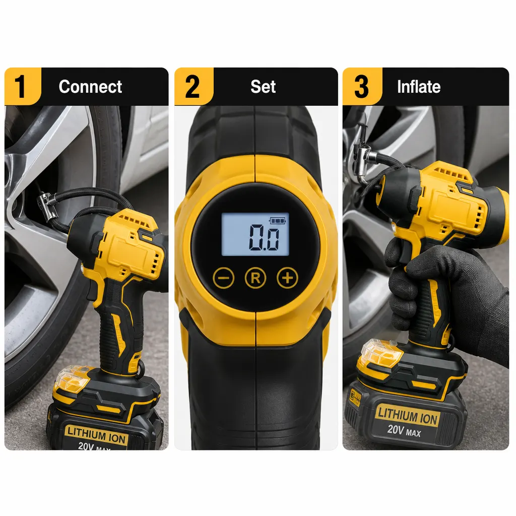Dual-Cylinder Cordless Tyre Inflator For DeWalt-Style Battery Interface setup and use views